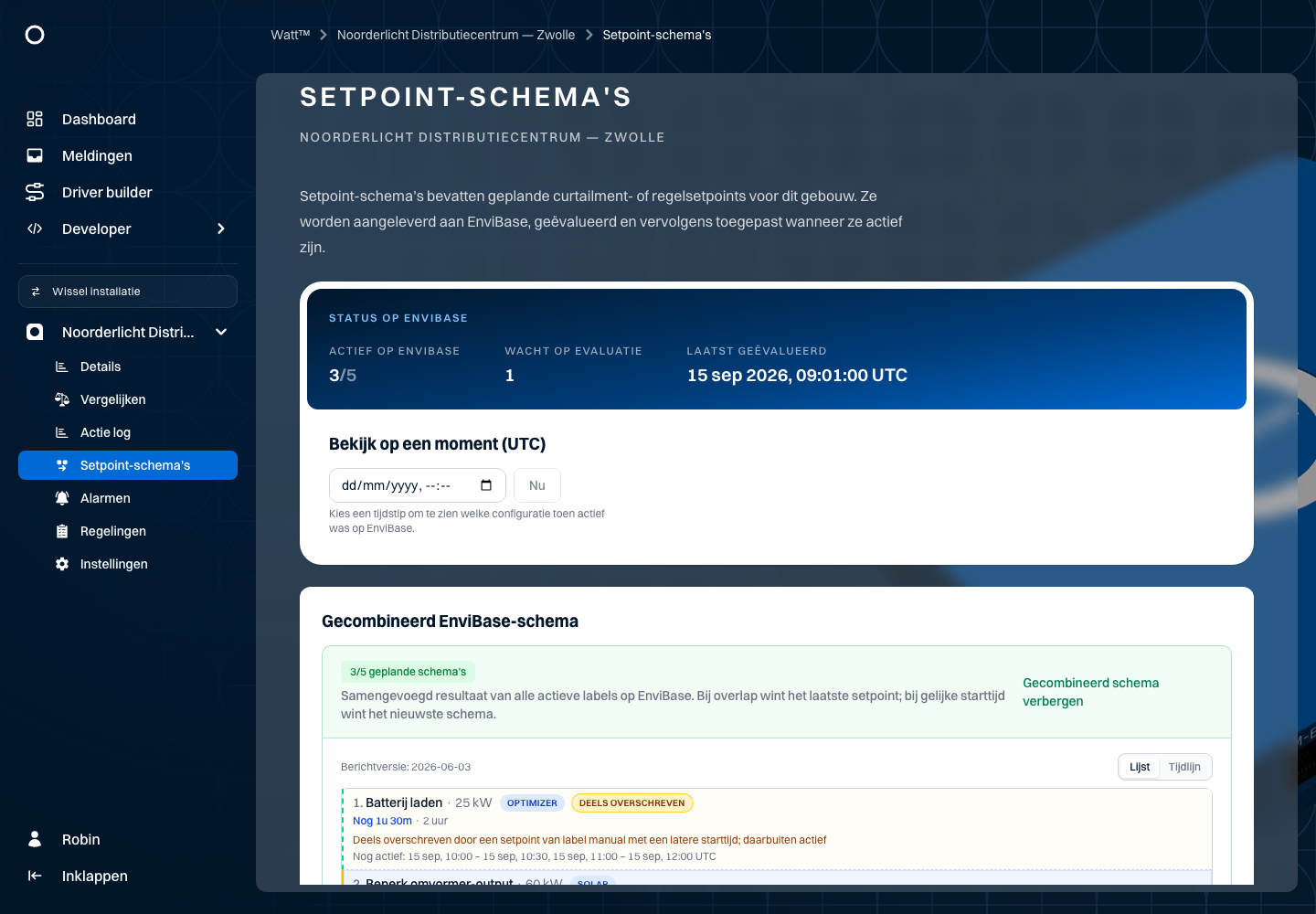 Setpoint-overzicht met Noorderlicht-labels en een wachtende versie