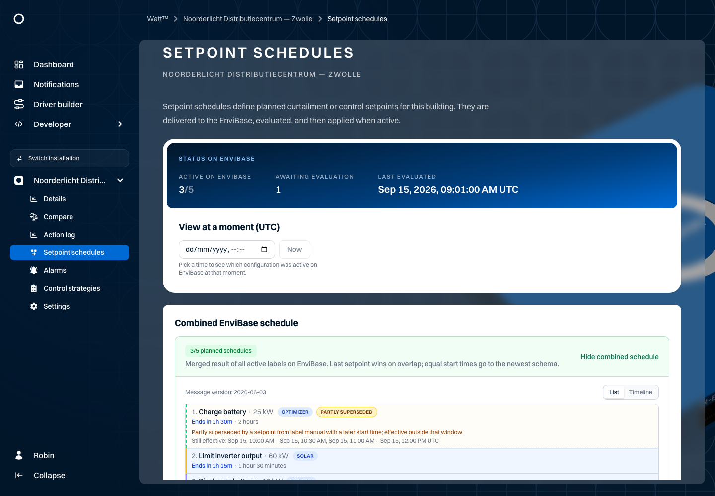 Noorderlicht schedule overview with labels and a pending version