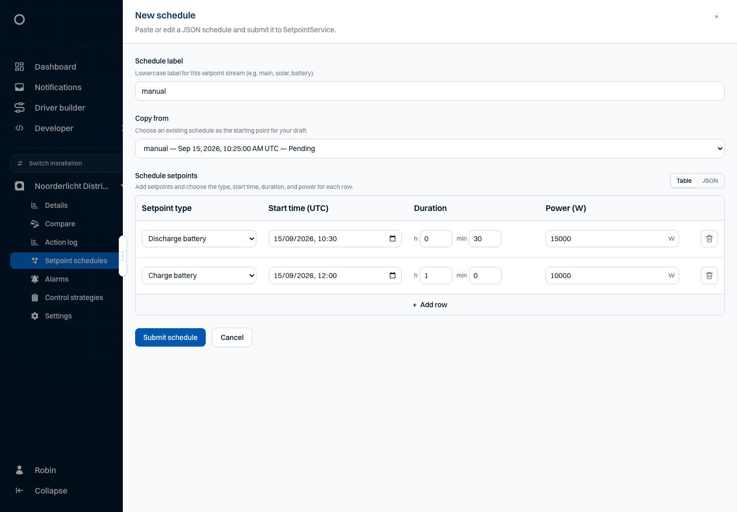 Enter a Noorderlicht schedule in the table editor
